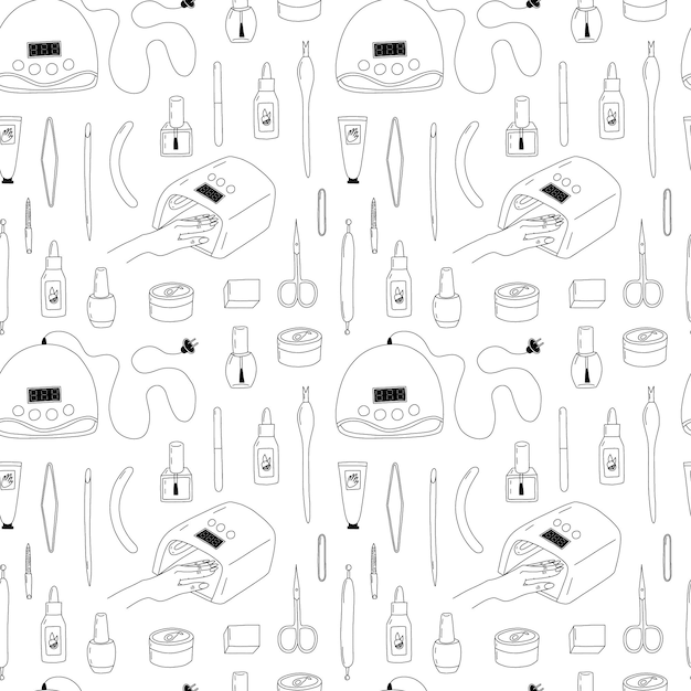 Ferramentas de manicure vetor padrão perfeito Equipamentos de manicure e pedicure desenhados à mão em fundo branco