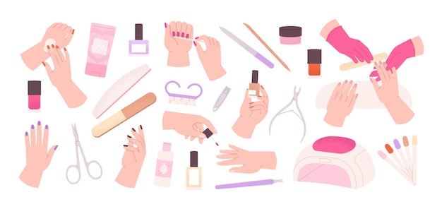 Ferramentas de salão de manicure Mãos femininas com arte de unhas, loção de mão, esmalte e tesoura Procedimentos de beleza, acessórios de cuidado de unhas, clipart vetorial