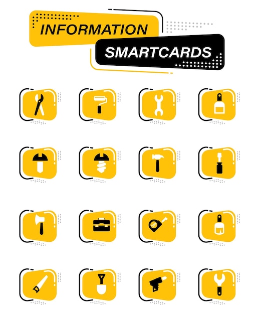 Ferramentas de trabalho ícones vetoriais de cores em cartões inteligentes de informações para design de interface de usuário