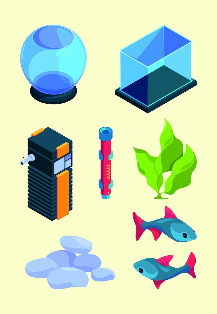 Vetor ferramentas decorativas isométricas de aquário para animais de estimação domésticos de água interior em tanque com conchas de estrelas do mar de recifes de flora subaquáticas ilustrações 3d vetoriais berrantes