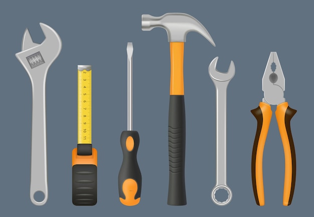 Ferramentas mecânicas Parafusos de martelo pregos parafusos e porcas para homens artesanais equipamento metálico vetor decente conjunto realista isolado