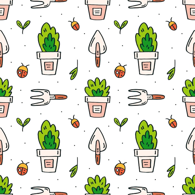 Ferramentas, vasos e plantas de jardim doodle padrão sem emenda desenhada de mão