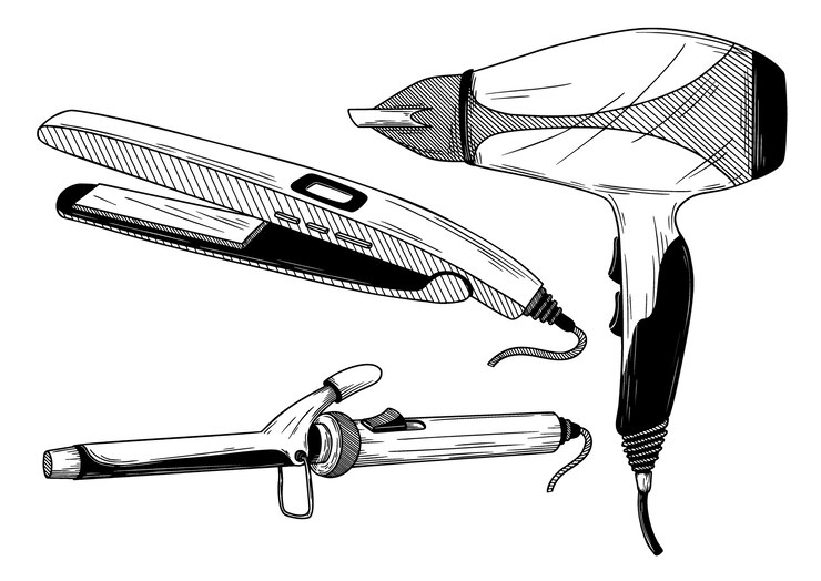 Vetor ferro de ondulação, alisador e secador de cabelo isolados. ilustração