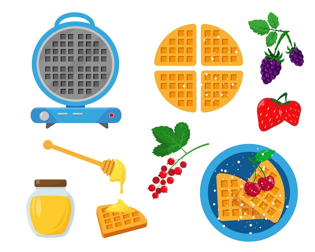 Ferro de waffle azul com waffles, frutas vermelhas e mel para servir e decorar.