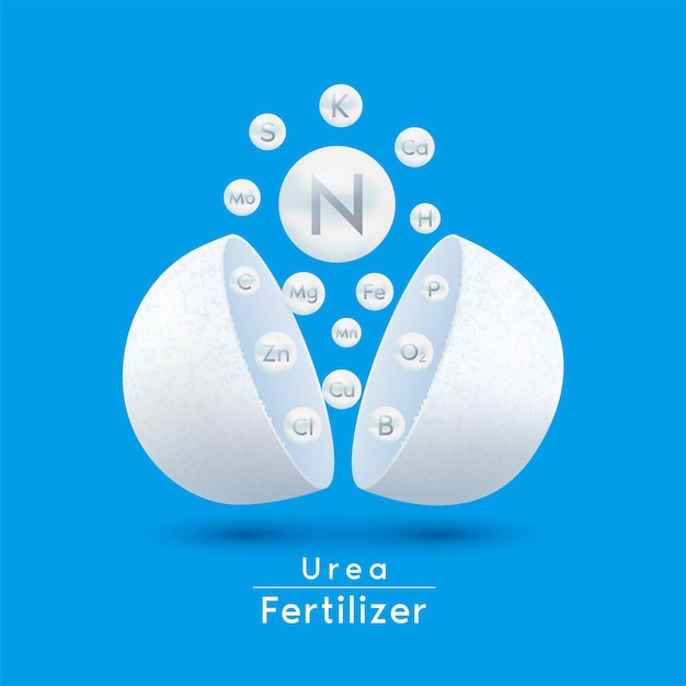 Vetor fertilizante de uréia branco. nutrientes de nitrogênio minerais orgânicos flutuam de pellets de fertilizantes.