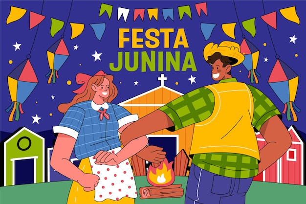 Vetor festa brasileira desenhada à mão juninas fundo