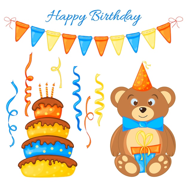 Festa com urso e itens coloridos em um fundo branco inscrição feliz aniversário multicolorido vetor
