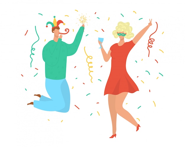 Festa dança pessoas, festa de aniversário, jovem homem e mulher de chapéu de palhaço e peruca dançando ilustração de música disco.