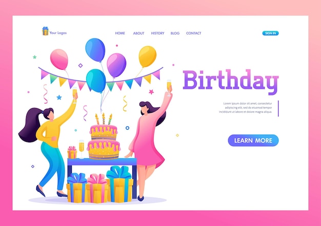 Festa de aniversário com amigos As pessoas carregam balões de presentes um bolo grande com velas dançam e comemoram o feriado Personagem 2D plano Conceitos de página de destino e web design
