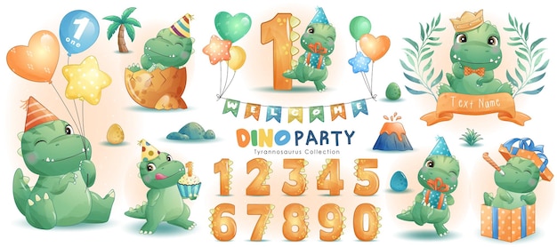 Vetor festa de aniversário de dinossauro bonitinho com ilustração em aquarela de numeração