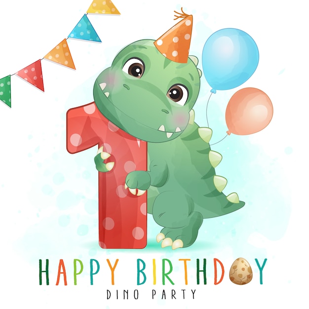 Festa de aniversário de dinossauro fofo com ilustração de numeração