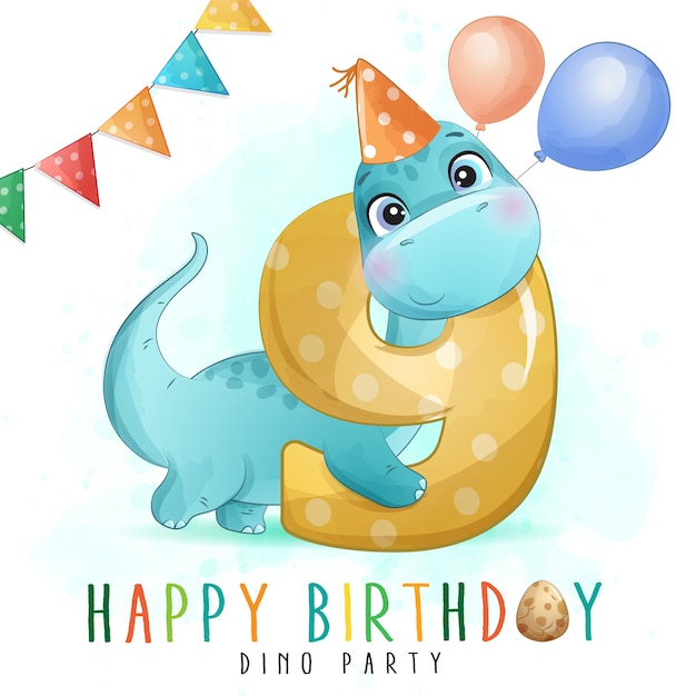 Festa de aniversário de dinossauro fofo com ilustração de numeração