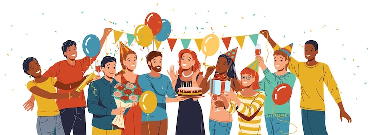 Vetor festa de aniversário de grupo diversificada em estilo de desenho animado plano a cores