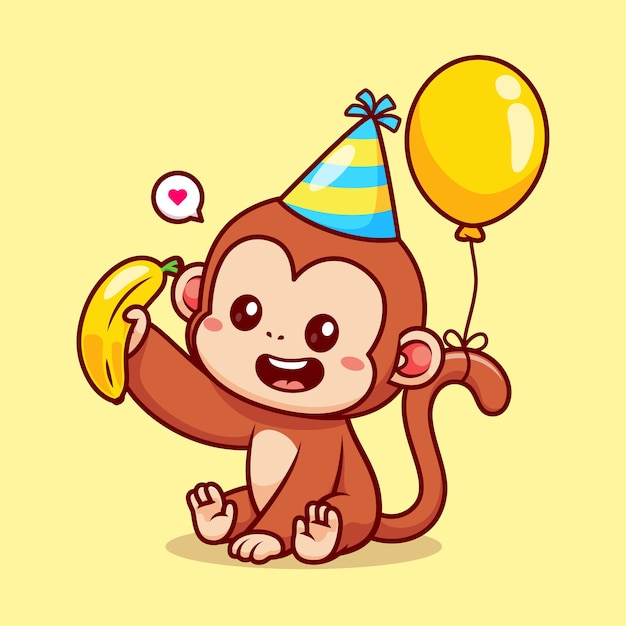 Vetor festa de aniversário de macaco fofo com ilustração de ícone de vetor de desenho animado de balão e banana feriado animal