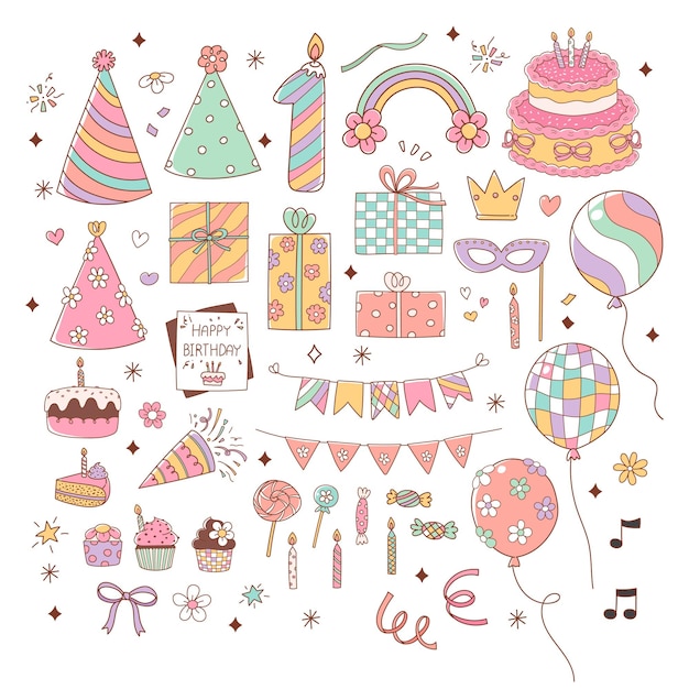Festa de aniversário Doodle Estilo de desenho animado Elementos desenhados à mão Vector