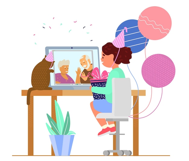 Festa de aniversário online garota feliz fala com os avós por videoconferência