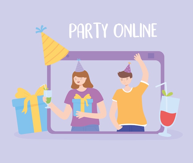 Festa de aniversário online, ilustração vetorial de pessoas com bebidas e chapéus
