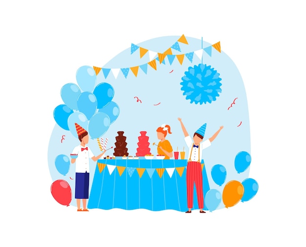 Vetor festa de aniversário para celebração de desenho animado de personagem de menino com ilustração vetorial de bolo criança divertida com chapéu de feriado fofo isolado em branco