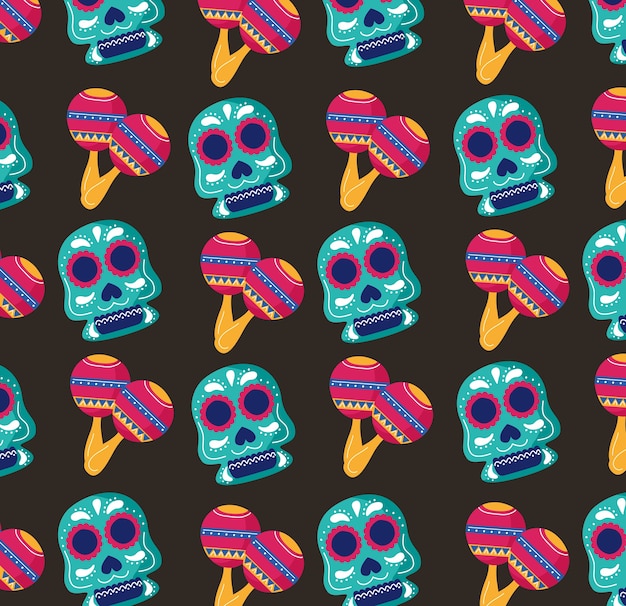 Festa de celebração do México com caveiras e padrão de maracas