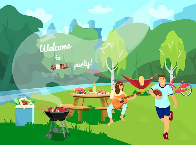 Festa de churrasco. Paisagem, cena de piquenique. Estilo de desenho animado.