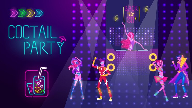 Vetor festa de coquetel na discoteca noturna as pessoas dançam ilustração vetorial de luz neon brilhante dançando na música discoteca neon nightclub