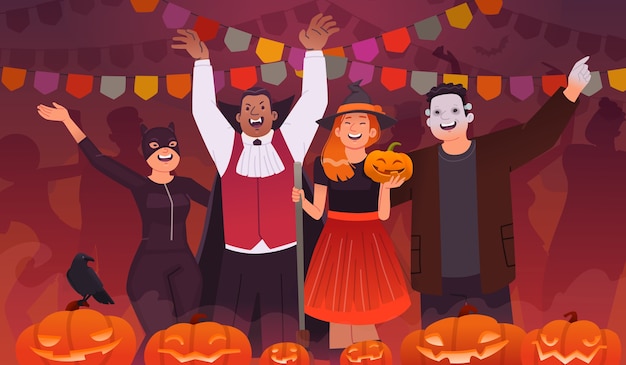 Festa de halloween. um grupo de jovens vestidos com uniformes celebra o feriado. homens e mulheres felizes dançando e divertidos, bandeiras e abóboras. ilustração em estilo simples.