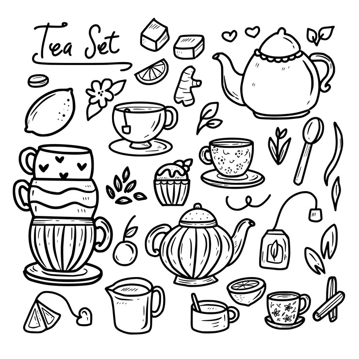 Festa de hora do chá doodle coleção com bolo