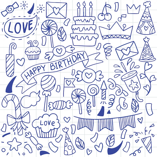 Festa de mão desenhada doodle feliz aniversário ornamentos padrão de fundo
