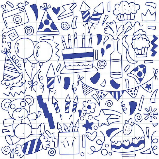 Vetor festa de mão desenhada doodle feliz aniversário ornamentos padrão de fundo