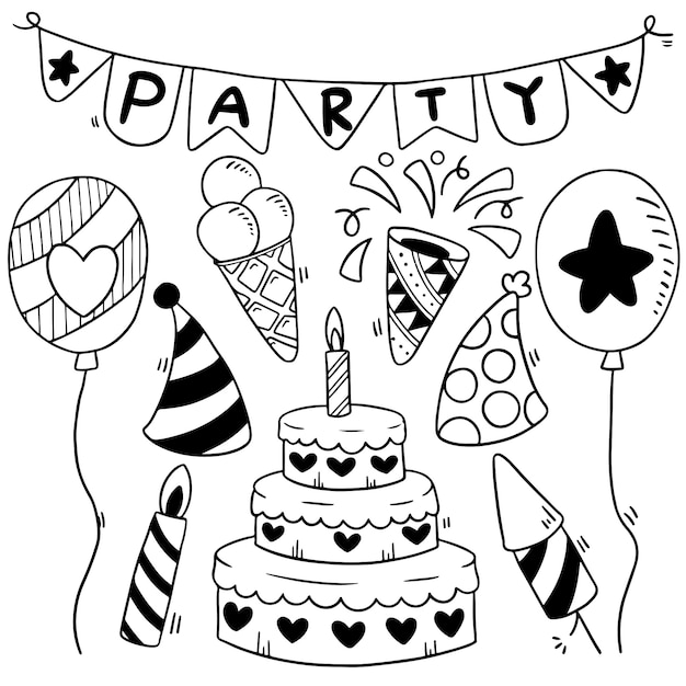 festa de mão desenhada doodle feliz aniversário