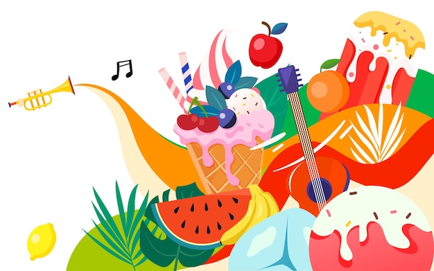 Festa de música de verão sorvete de comida de verão para esfriar a ilustração vetorial de calor