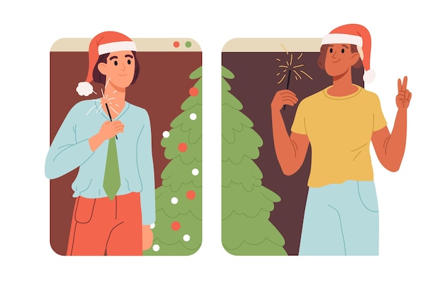 Vetor festa de natal na tela do smartphone xmas evento on-line celebração amigos masculinos celebram feriados de natal na tela do gadget vetor plano ilustração festivo vídeo chat