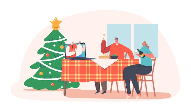 Festa de natal online, família comemore o natal remotamente. celebração de feriado distante, natal ou ano novo durante quarentena de coronavirus lockdown, distanciamento social de pessoas. ilustração em vetor desenho animado