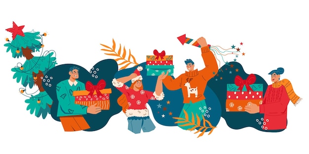Festa de Natal ou festa de Ano Novo com pessoas compartilhando presentes