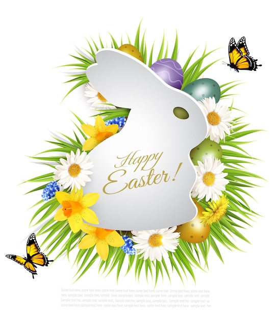 Festa de páscoa recebendo cartão com ovos coloridos e flores de primavera em grama e papel coelho vetor