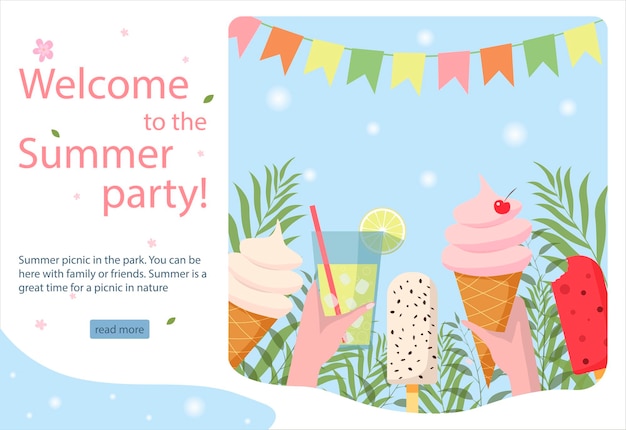 Festa de piquenique de verão limonada na mão sorvete de baunilha cone de sorveteIlustração em vetor Página de destino do conceito