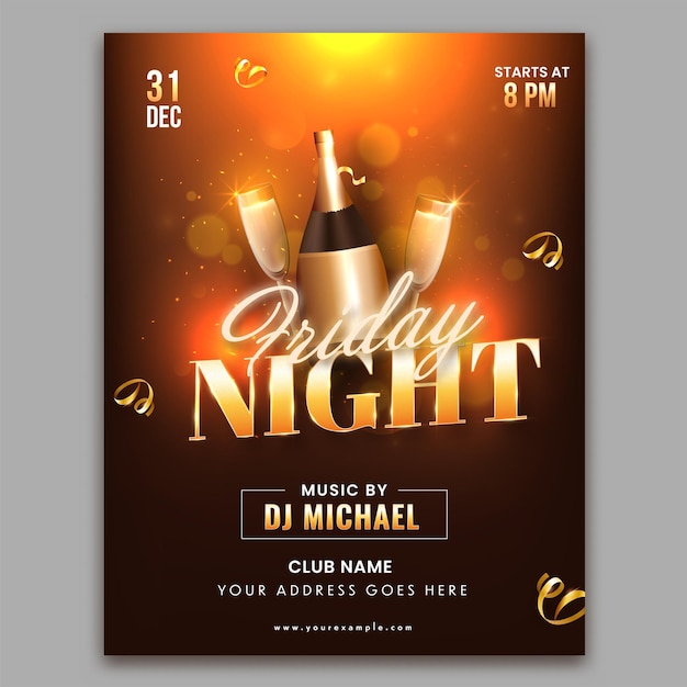 Festa de sexta-feira à noite design de panfleto com vidro de flauta de garrafa de champanhe sobre fundo de efeito de luz bokeh marrom