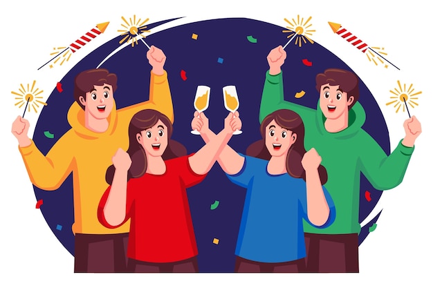 Festa de véspera de Ano Novo Grupo de pessoas a celebrar o Ano Novo