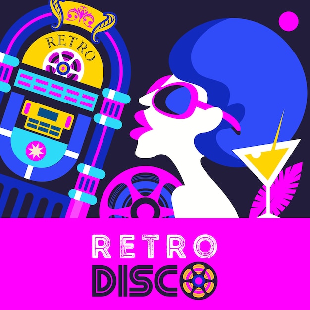 Festa discoteca retrô. ilustração colorida do vetor, pôster. linda garota negra. jukebox antigo.