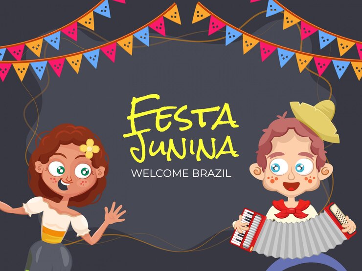 Vetor festa junina, bem vindo brasil. ilustração de festa com casal fofo