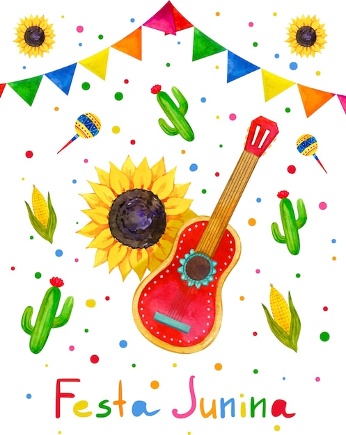 Festa Junina Brazil June Festival cartaz vetorial de aquarela desenhado à mão em fundo branco