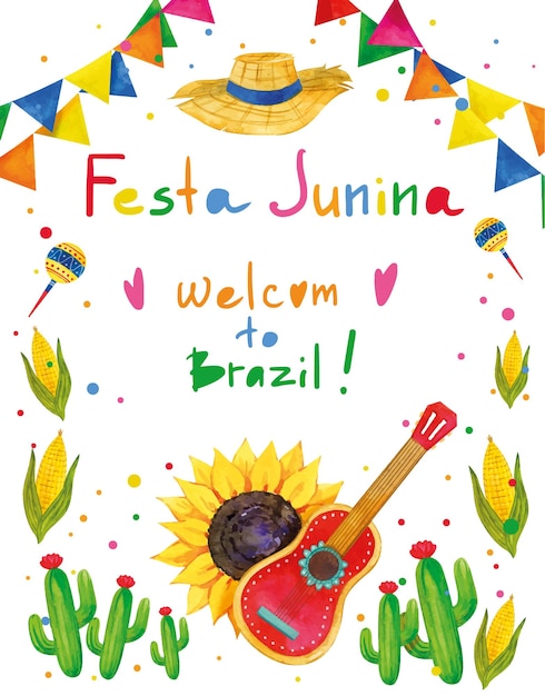 Festa junina brazil june festival poster ilustração vetorial aquarela desenhada à mão fundo branco