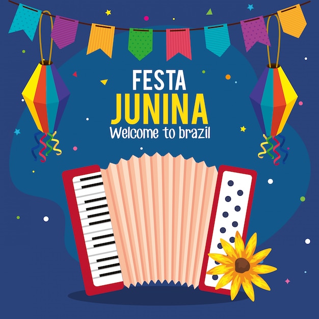 Vetor festa junina cartão com acordeão e ícones tradicionais