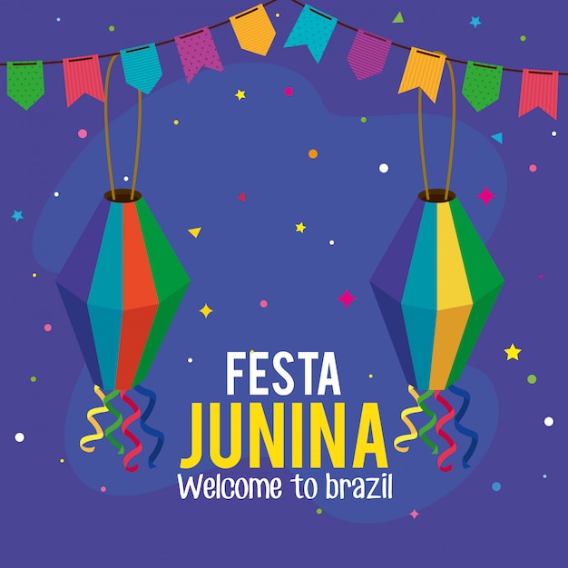 Festa junina cartão com lanternas e guirlandas penduradas