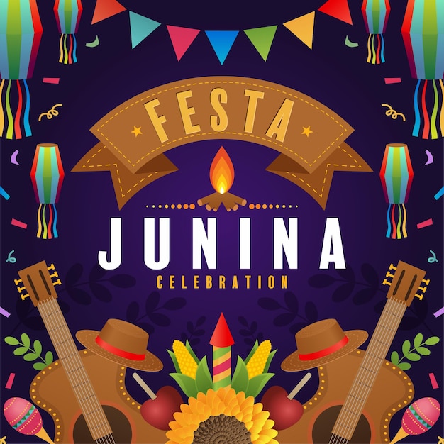 Vetor festa junina cartaz festival junino folclore feriado violão acordeão cacto verão girassol campfir
