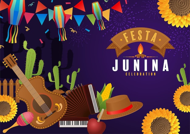 Festa Junina Cartaz Festival Junino Folclore Feriado Violão Acordeão Cacto Verão Girassol Campfir