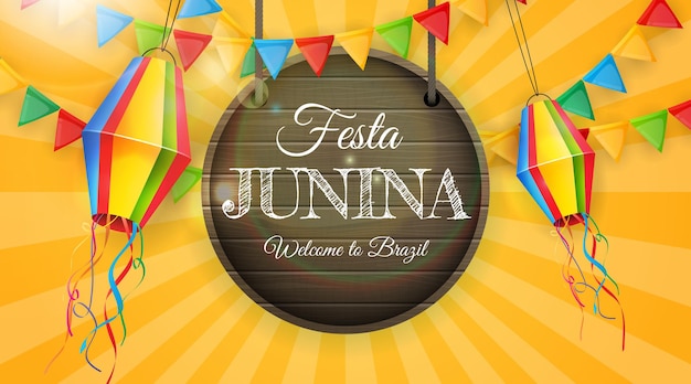 Vetor festa junina com bandeiras e lanternas