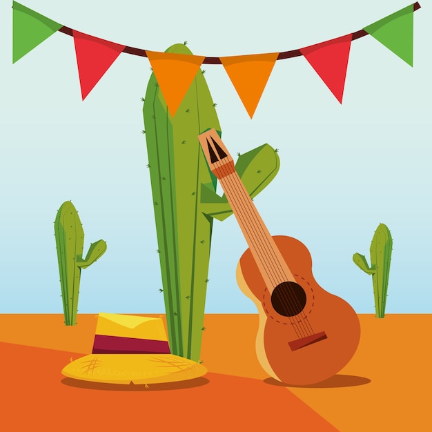 Festa junina com chapéu e guitarra sobre plantas de cactos