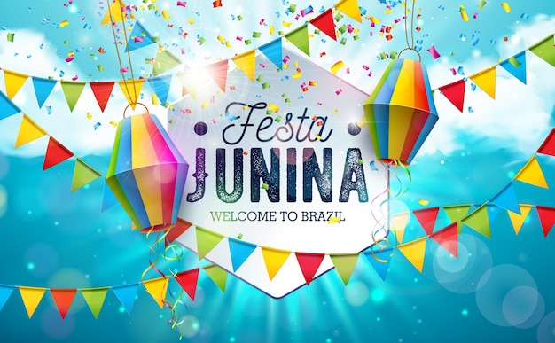 Festa Junina Design com bandeiras de festa e lanterna de papel Brasil Junho Festival de férias tradicionais