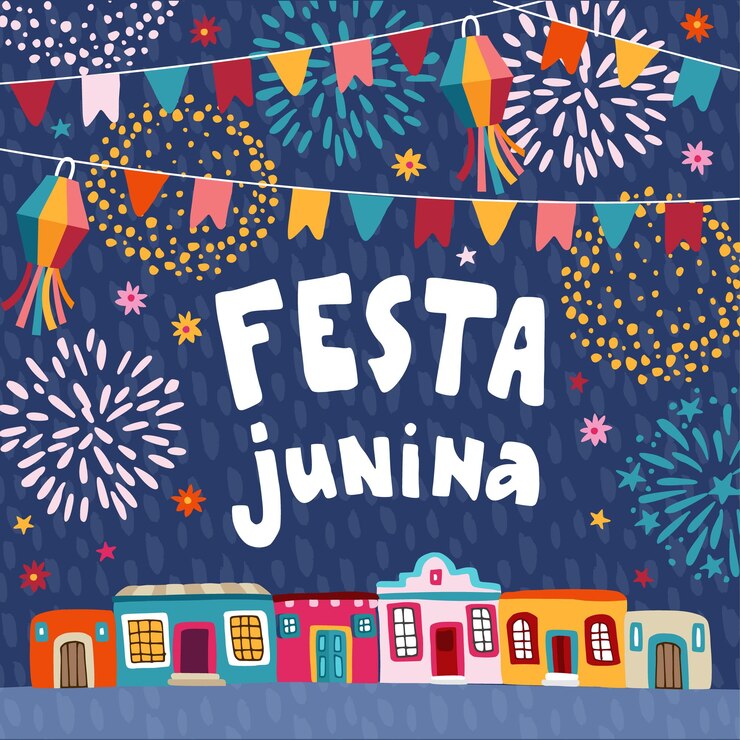 Vetor festa junina festa junina brasileira convite de cartão feriado na américa latina guirlanda de bandeiras de bandeiras lanternas casas coloridas e fogos de artifício ilustrações vetoriais design plano fundo texturizado